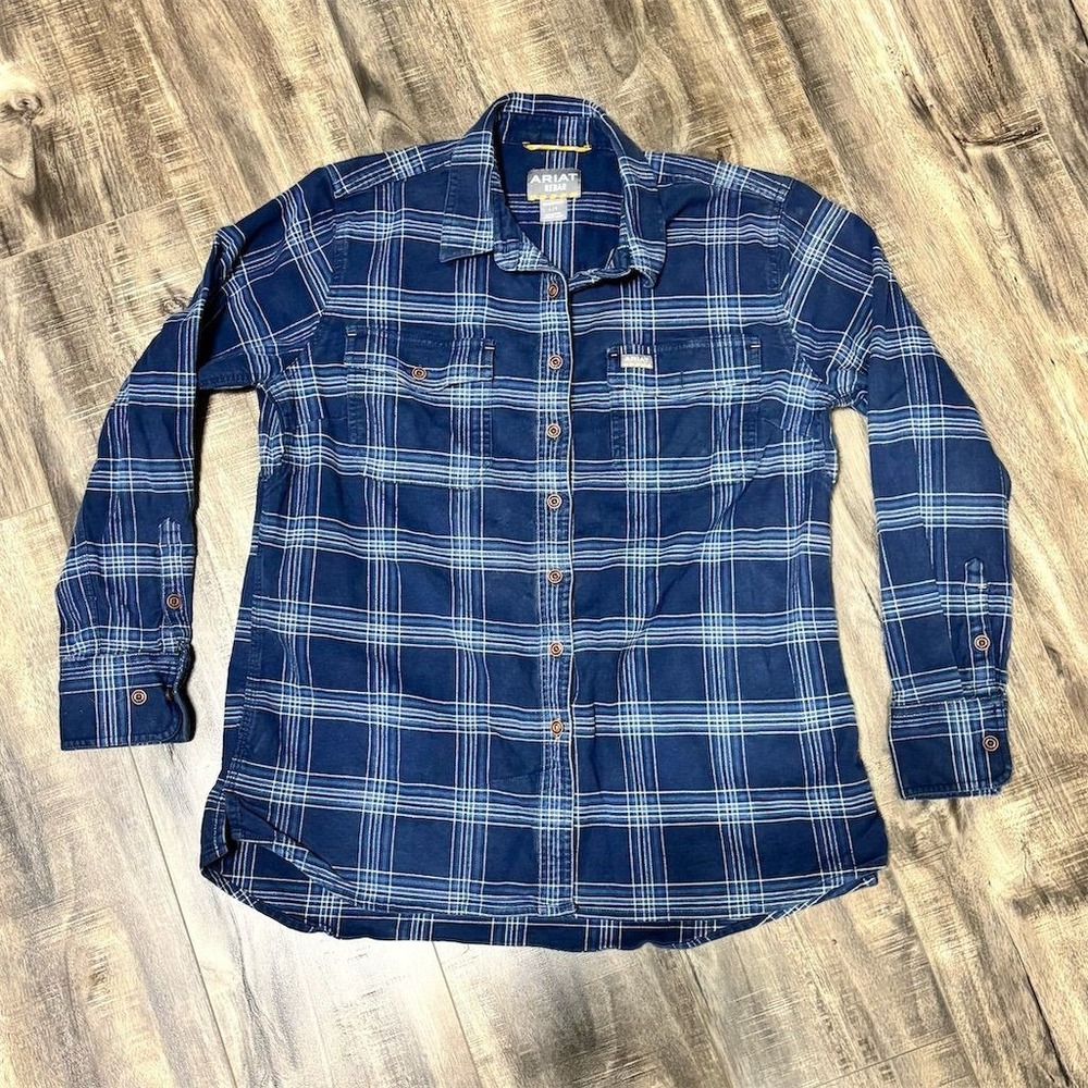 Ariat Rebar Men's Plaid Flannel Button-Up Work Shirt Blue Size L
